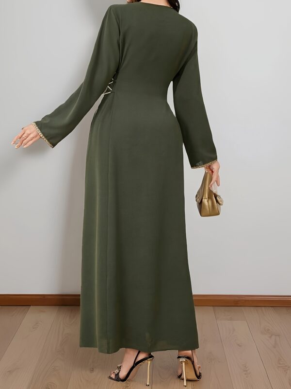 2025 New Arrival Women'S Elegant Long Sleeve Maxi Dress with Tassel Detail - Solid Green V-Neck, Flowy A-Line Silhouette, Perfect for Spring/Summer/Fall, Casual to Formal Wear, Casual Elegant Wear | Vneck Dress | Flowy Silhouette, Long Sleeve Dress - Image 3