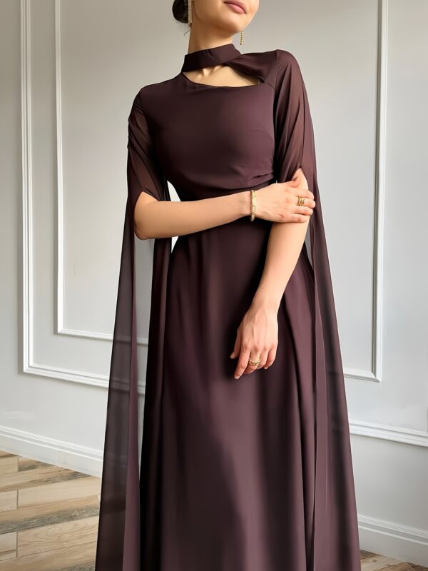 1pc Elegant Evening Long Dress with Cape Sleeves & Lace-Up Back - A-Line Stand Collar Solid Color Wedding Guest Gown, Machine Washable Spring/Summer Formal Dress for Women, Dresses for Wedding, Sophisticated Tailoring - Image 10