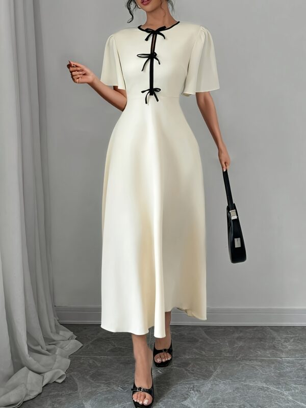 Women's Elegant Color Block Bow Detail Waist-Cinched Dress - Fitted Round Neck Short Sleeve Long Dress, Solid Color Machine Washable Spring/Autumn Versatile Casual to Formal Wear, Autumn Attire, Smooth Fabric - Image 4