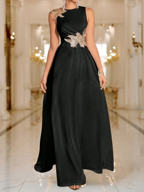 Elegant Sleeveless A-Line Maxi Dress with Golden Leaf Embellishment and High-Low Hem, Black Polyester Blend for Women’s Formal Events, Dresses Elegant Formal - Image 8