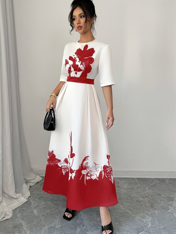 YY0402002 European and American Spring/Summer Festival Elegant Dress, Round Neck Mid-Length Belted Zipper Floral Print Dress - Image 9