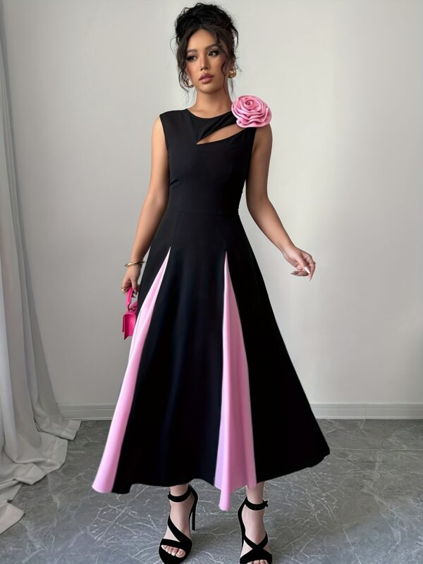Women's Sleeveless A-Line Dress with Color Block Design, Chest Cut-Out & 3D Floral Shoulder Accents - Black to Red Ombre, Round Neck, Medium Stretch for Spring/Summer Casual to Formal Events, Chic Dress, Sophisticated Craftsmanship - Image 9