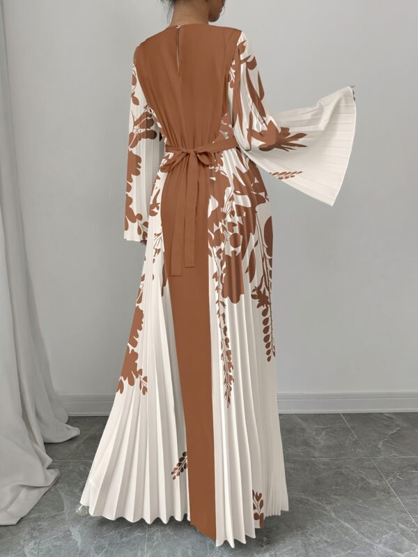 Elegant Women'S Floral Print Maxi Dress with Contrast Sleeves - Long Sleeve, Flared Hem, Cinched Waist, Beige & Brown Design, Perfect for Spring/Summer/Fall, Floral Print Dress - Image 2