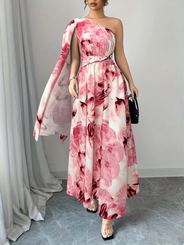 Women'S Elegant Off-Shoulder Floral Print Dress with Side Slit & Twist Detail - Fitted Silhouette, Long Sleeves, Vibrant Red & Pink Floral Print, Perfect for Spring/Summer Holiday Style, Floral Print Dress - Image 3