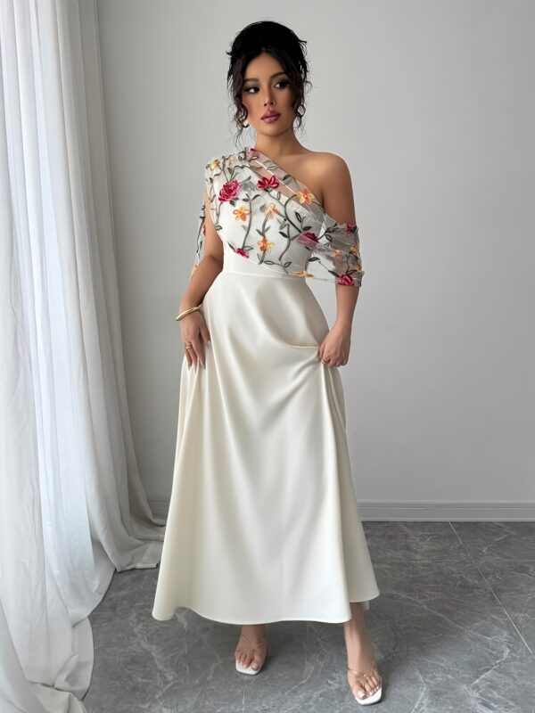 Elegant Off-Shoulder Floral Embroidered Maxi Dress with Sheer Overlay - White & Beige, Perfect for Spring/Summer, Adult Women'S Fashion, Cute Dress - Image 9