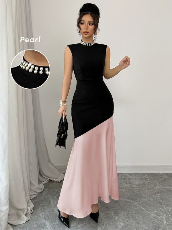 Elegant Color-Blocked Sleeveless Maxi Dress for Women with Lotus Leaf Hem, Pearl & Choker Neckline - Spring/Summer Fashion in Black & Pink, Formal Attire, Medium Elasticity