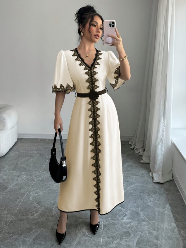 European And American Women'S Spring And Summer Short-Sleeve Lace V-Neck Long Solid Color Elegant Dress with a Stylish Waist Belt And Flared Design. - Image 2