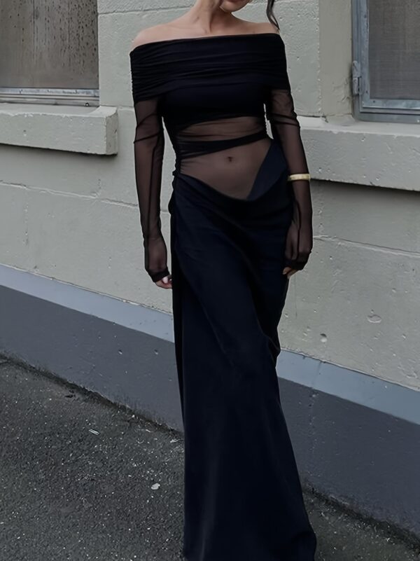 Elegant Off-the-Shoulder Mesh Party Dress - Sexy Sheer Panel Bodycon Gown for Women, Spring Summer Fall Formal Events, Hand Wash Only, Elegant Party Dress, Seasonal Fashion, Oneshoulder Design, Striking Contrast, Evening Wear, Lightweight Fabric, Fashionista Outfit - Image 39