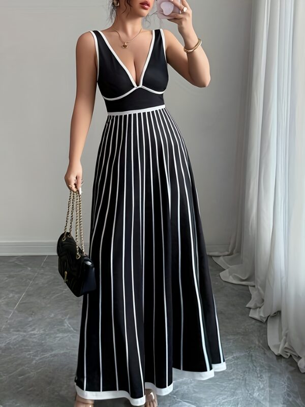 Women's Elegant V-Neck Strapless Summer Dress with Color Block Stripes - Mid-Length Machine Washable Party & Evening Dress for Adults, Casual Summer Dresses, Formal Occasion, Stylish Stripes, Durable Construction, Adult Women, Breathable Material, Fashion Lovers - Image 11