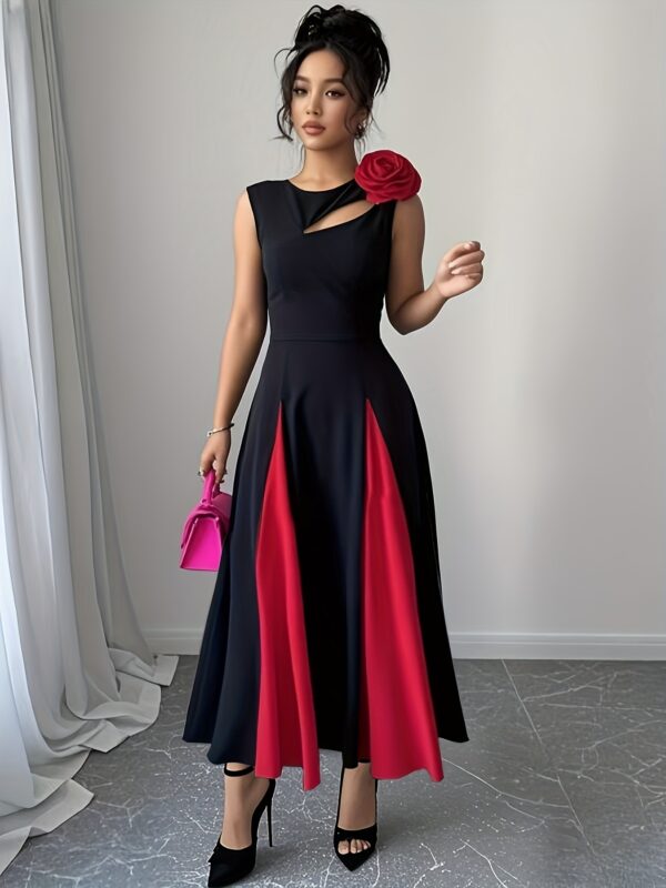 Women's Sleeveless A-Line Dress with Color Block Design, Chest Cut-Out & 3D Floral Shoulder Accents - Black to Red Ombre, Round Neck, Medium Stretch for Spring/Summer Casual to Formal Events, Chic Dress, Sophisticated Craftsmanship - Image 8