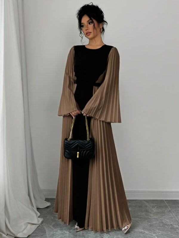 Women's Elegant Color-Block Pleated Flared Sleeve Maxi Dress with Adjustable Waist Belt - A-Line Long Dress for Spring Summer Fall, Machine Washable, Formal Occasion, Sophisticated Style, Structured Fit, Office Attire, Nonstretch Fabric, Professional Women - Image 7