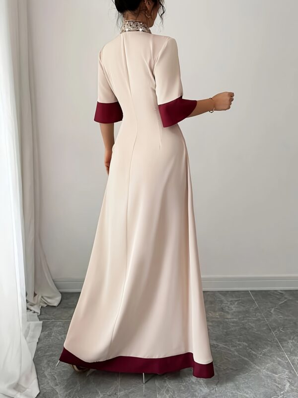 Elegant Beige & Red V-Neck A-Line Midi Dress with Ruched Waist and Color Block Panels, Perfect for Spring/Summer - Polyester, Sleeveless, Loose Fit, Casual Elegance|Ruched Waist Dress|Polyester Dres - Image 2