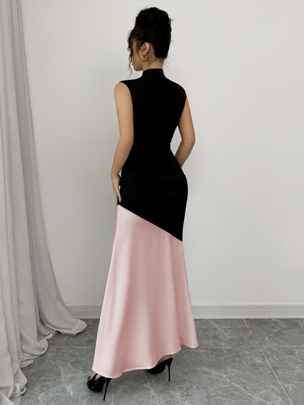 Elegant Color-Blocked Sleeveless Maxi Dress for Women with Lotus Leaf Hem, Pearl & Choker Neckline - Spring/Summer Fashion in Black & Pink, Formal Attire, Medium Elasticity - Image 2