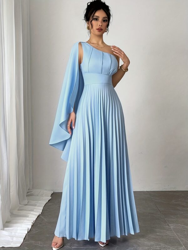 Women's Light Blue One-Shoulder Pleated Sleeveless Dress - Elegant Long Beach Vacation Dress with Asymmetrical Hem, Machine Washable & Wrinkle-Resistant, Fitted Top & Flowy Skirt for Casual Outings, Parties, All-Season Wear, Beach Dresses, Wrinkleresistant Fabric, Summer Outfit, Lightweight Material, Adult Clothing - Image 11