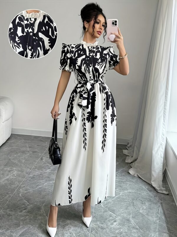Women's Elegant Summer Floral Print A-Line Shirt Dress with Adjustable Belted Waist, Ruffled Short Sleeves & Stand-Up Collar - Machine Washable Black & White Floral Print Dress for Casual to Formal Occasions, Cute Summer Dresses - Image 2