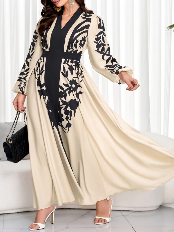Plus-Size Women'S Elegant Dress in Light Beige with Black Floral Patterns And Flared Sleeves, Featuring Contrasting Trim, Perfect for Spring And Summer. - Image 5