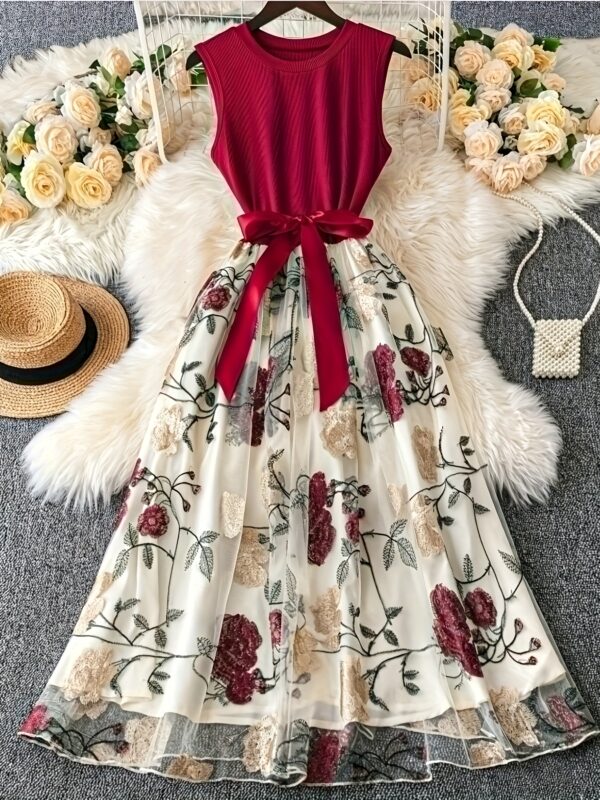 Elegant Red and White Floral Dress with Mesh Panels - Sleeveless, Peplum Waist, Ribbon Accent, Perfect for Holiday and Spring/Summer Outings, Holiday Dress | Floral Print Dress | Embroidered Detail, Floral Print Dress