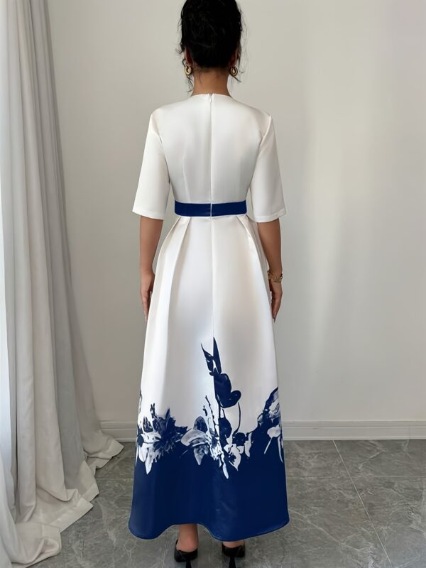 YY0402002 European and American Spring/Summer Festival Elegant Dress, Round Neck Mid-Length Belted Zipper Floral Print Dress - Image 5