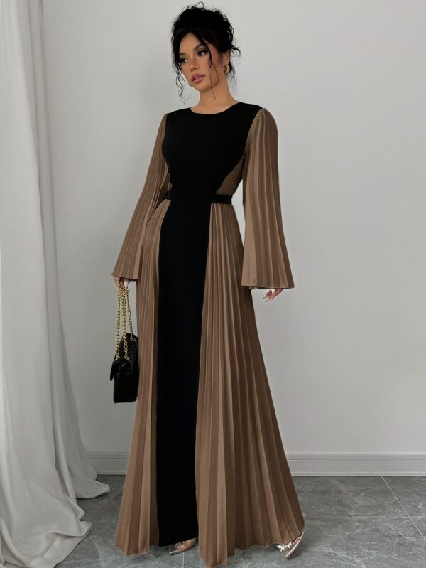 Women's Elegant Color-Block Pleated Flared Sleeve Maxi Dress with Adjustable Waist Belt - A-Line Long Dress for Spring Summer Fall, Machine Washable, Formal Occasion, Sophisticated Style, Structured Fit, Office Attire, Nonstretch Fabric, Professional Women - Image 9