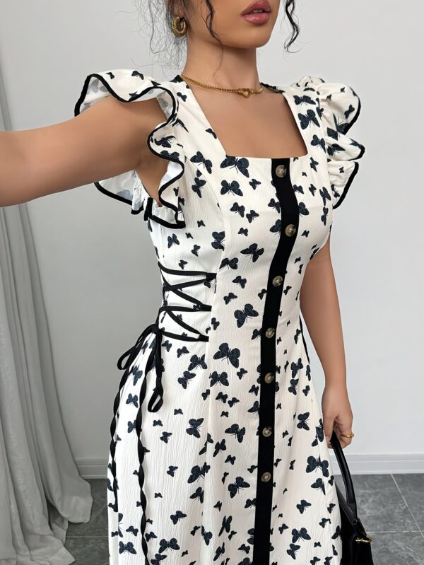 Women'S Elegant Butterfly Print A-Line Dress with Square Neck, Elastic Waist, and Pretend Buttons - Perfect for Spring/Summer Vacations, Vacation Dress | Floral Print Dress | Elegant Dress