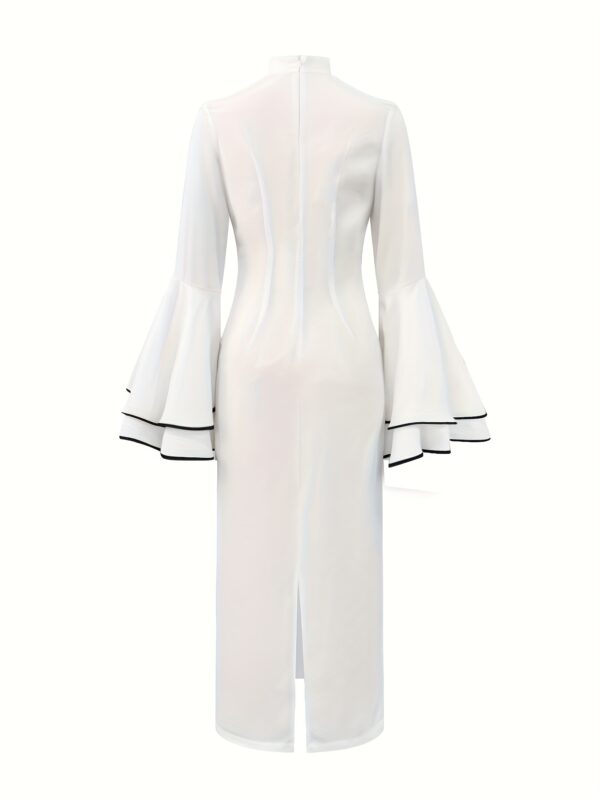Women's Elegant White Bodycon Dress with Long Flared Sleeves & Ruffle Hem - Slim Fit Midi Dress, Lace Trim & Puff Shoulder Details, Machine Washable for Office, Date, Night Out - Spring Summer Fall, Tight Fitted Dress, Formal Occasion, Sophisticated Design, Evening Wear Lovers - Image 14