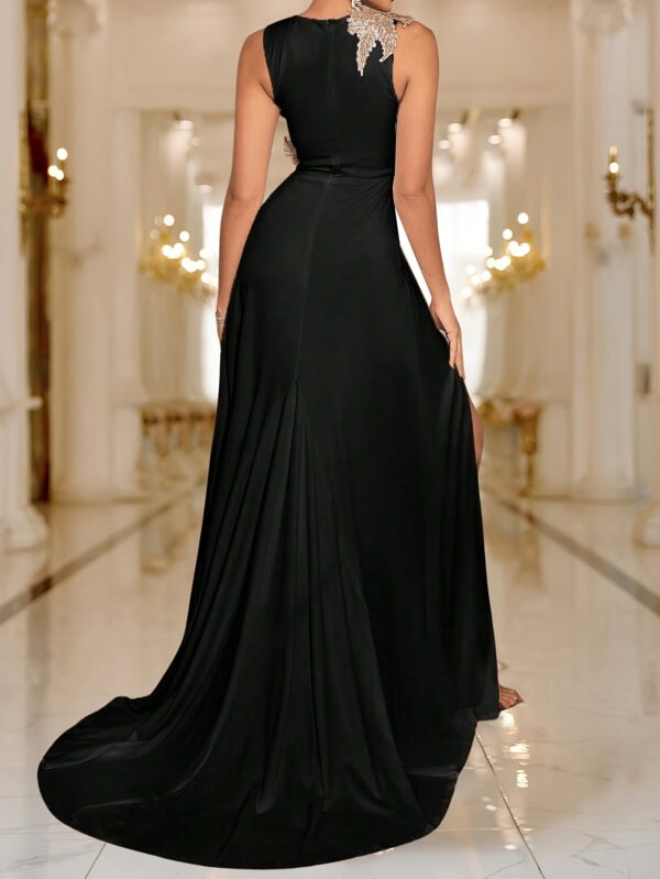 Elegant Sleeveless A-Line Maxi Dress with Golden Leaf Embellishment and High-Low Hem, Black Polyester Blend for Women’s Formal Events, Dresses Elegant Formal - Image 5