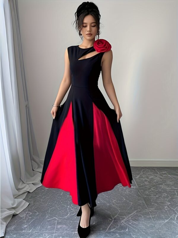 Women's Sleeveless A-Line Dress with Color Block Design, Chest Cut-Out & 3D Floral Shoulder Accents - Black to Red Ombre, Round Neck, Medium Stretch for Spring/Summer Casual to Formal Events, Chic Dress, Sophisticated Craftsmanship - Image 4