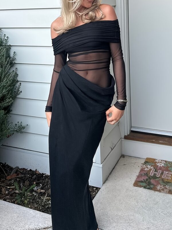 Elegant Off-the-Shoulder Mesh Party Dress - Sexy Sheer Panel Bodycon Gown for Women, Spring Summer Fall Formal Events, Hand Wash Only, Elegant Party Dress, Seasonal Fashion, Oneshoulder Design, Striking Contrast, Evening Wear, Lightweight Fabric, Fashionista Outfit - Image 30