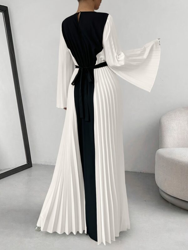 Women's Elegant Color-Block Pleated Flared Sleeve Maxi Dress with Adjustable Waist Belt - A-Line Long Dress for Spring Summer Fall, Machine Washable, Formal Occasion, Sophisticated Style, Structured Fit, Office Attire, Nonstretch Fabric, Professional Women - Image 4