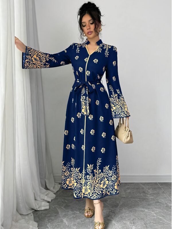 Women's Middle Eastern-Inspired Long Sleeve Dress - Deep Blue & Golden Floral Print, Waist Belt, Breathable Machine-Washable Fabric for Spring/Summer Formal & Casual Occasions, Elegant Attire, Sophisticated Style, Quality Stitching, Stylish Outfit, Summer Wardrobe - Image 4