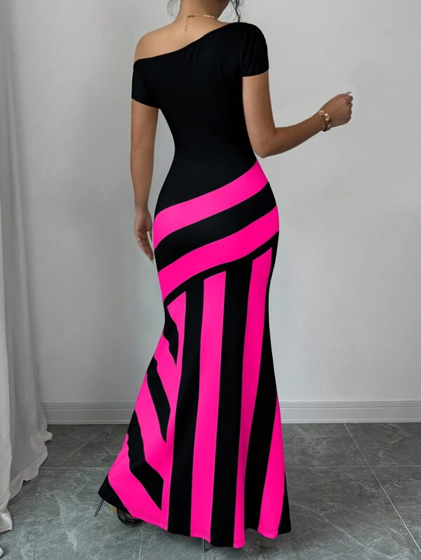 Elegant Knitted Striped Asymmetric Shoulder Fishtail Dress for Women - Black & White Vertical Stripes, Round Neck, Machine Washable Polyester Blend, Spring/Summer Casual & Formal Wear, Casual Summer Dress | Asymmetric Fishtail Dress | Glossy Texture - Image 40