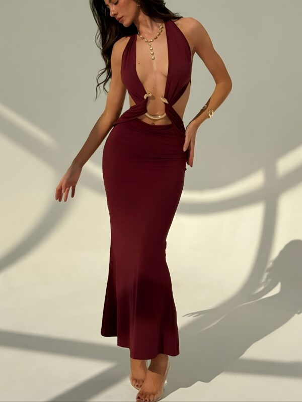Elegant Red Bodycon Maxi Dress with Metallic Shoulder Straps - V-Neck, Sleeveless, Backless Summer Beach & Vacation Dress for Women - Perfect for Tropical Getaways, Music Festivals, and Resort Parties, Beach Dress - Image 4