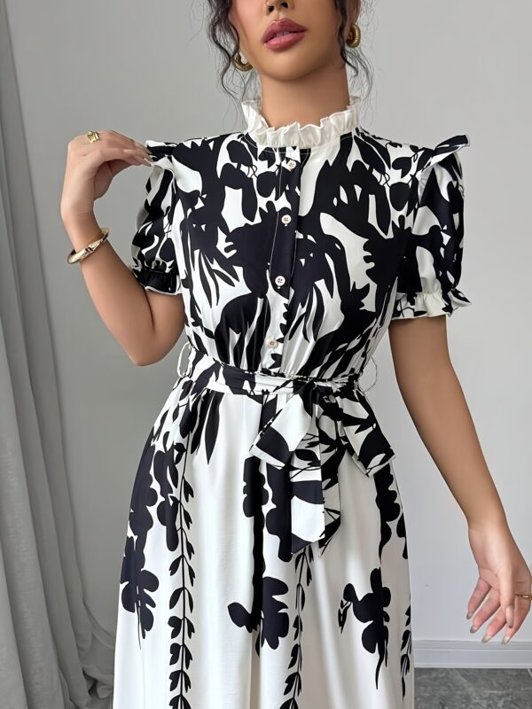 Women's Elegant Summer Floral Print A-Line Shirt Dress with Adjustable Belted Waist, Ruffled Short Sleeves & Stand-Up Collar - Machine Washable Black & White Floral Print Dress for Casual to Formal Occasions, Cute Summer Dresses - Image 6