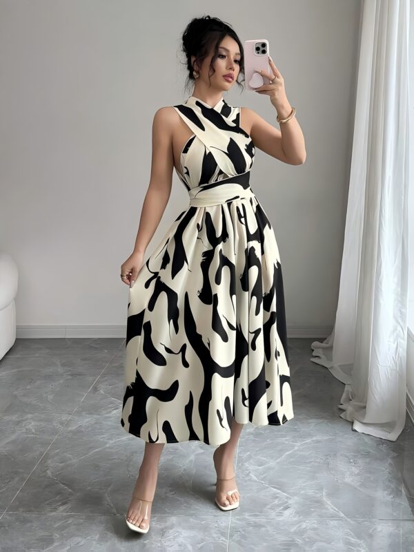 Women's Cross Tie Hollow Bow & Floral Print A-Line Dress - Long Sleeveless Halter Neck, Machine Washable, All-Season Elegant Resort Wear, Halter Neck Dress, Vacation Outfit, Fitted Silhouette - Image 10