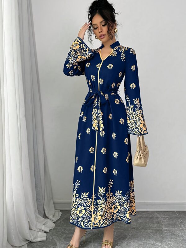 Women's Middle Eastern-Inspired Long Sleeve Dress - Deep Blue & Golden Floral Print, Waist Belt, Breathable Machine-Washable Fabric for Spring/Summer Formal & Casual Occasions, Elegant Attire, Sophisticated Style, Quality Stitching, Stylish Outfit, Summer Wardrobe - Image 2