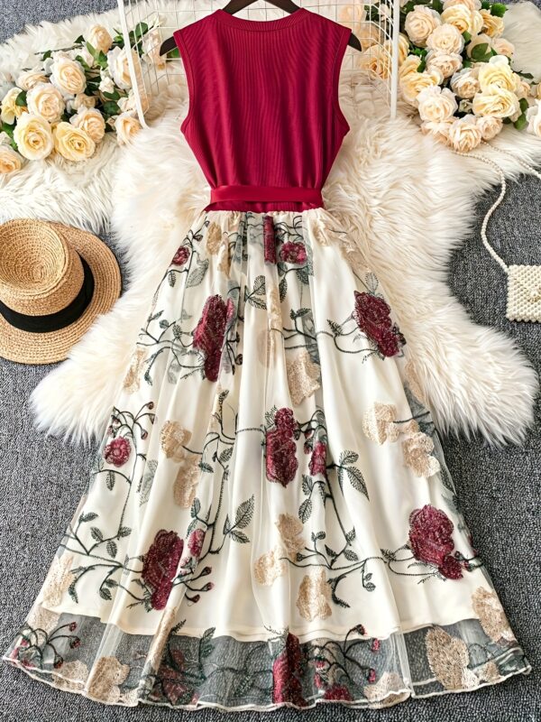 Elegant Red and White Floral Dress with Mesh Panels - Sleeveless, Peplum Waist, Ribbon Accent, Perfect for Holiday and Spring/Summer Outings, Holiday Dress | Floral Print Dress | Embroidered Detail, Floral Print Dress - Image 2