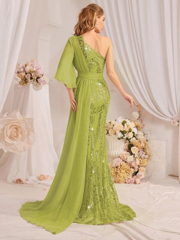TOLEEN Elegant One-Shoulder Floral Sequin Gown with Ruffle Sleeves and Mermaid Hem, Green Polyester Dress for Women - Perfect for Weddings, Parties, and Formal Events, Wedding Dresses for Brid - Image 5