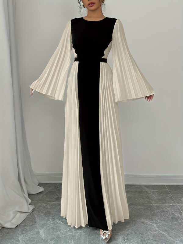 Women's Elegant Color Block Pleated Flared Sleeve Maxi Dress - High Neck Fitted Long Dress with Black & White Contrast, Machine Washable Spring/Summer Formal & Casual Outfit, Long Sleeve Dresses, Spring Fashion, Flowing Material, Office Wear - Image 19