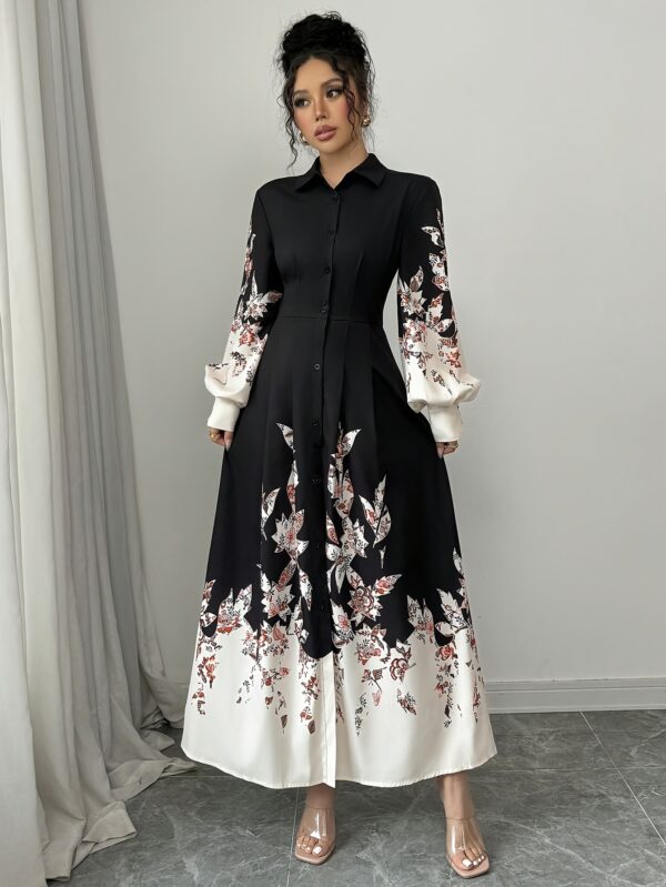 Women's Elegant Contrast Collar Floral Print Shirt-Style Dress - Long Sleeve Spring Summer Machine Washable Black & White with Color Accents for Casual to Formal Occasions, Dress Blouses Elegant, Formal Attire, Sophisticated Fashion, Smooth Fabric - Image 4