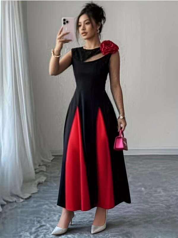 Women's Sleeveless A-Line Dress with Color Block Design, Chest Cut-Out & 3D Floral Shoulder Accents - Black to Red Ombre, Round Neck, Medium Stretch for Spring/Summer Casual to Formal Events, Chic Dress, Sophisticated Craftsmanship