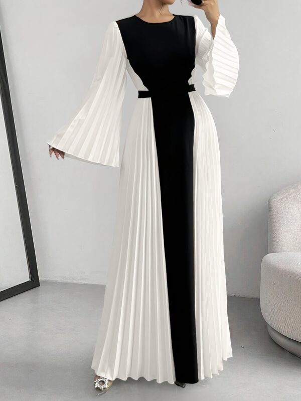 Women's Elegant Color-Block Pleated Flared Sleeve Maxi Dress with Adjustable Waist Belt - A-Line Long Dress for Spring Summer Fall, Machine Washable, Formal Occasion, Sophisticated Style, Structured Fit, Office Attire, Nonstretch Fabric, Professional Women - Image 6