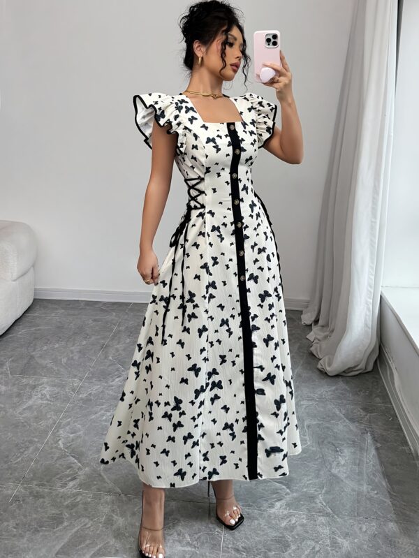 Women'S Elegant Butterfly Print A-Line Dress with Square Neck, Elastic Waist, and Pretend Buttons - Perfect for Spring/Summer Vacations, Vacation Dress | Floral Print Dress | Elegant Dress - Image 2