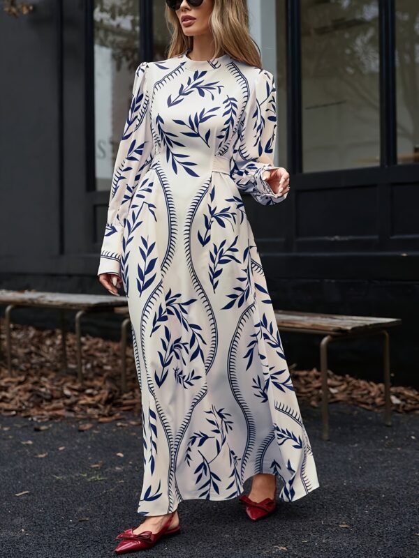 Elegant Floral Print Tie-Waist Midi Dress for Women - Crew Neck, Long Sleeve, Lightweight Summer Dress with Vibrant Blue Leaf Design, Floral Print Dress - Image 5