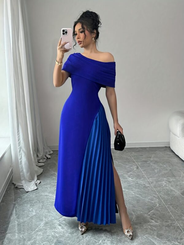 Elegant Off-Shoulder Mermaid Dress with Side Slit & Pleated Detail - Royal Blue, Form-Fitting Top & Flowy Hem, Perfect for Spring/Summer Parties & Formal Events, Formal Evening Wear | Offshoulder Fashion | Sophisticated Design, Plus Size Dress