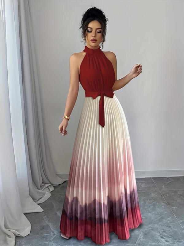 Elegant Gradient A-Line Midi Dress with Ruffle Detail, Tie Waist & Pleated Design - Sleeveless Round Neck for Women - Spring/Summer Collection, Cute Dress - Image 9