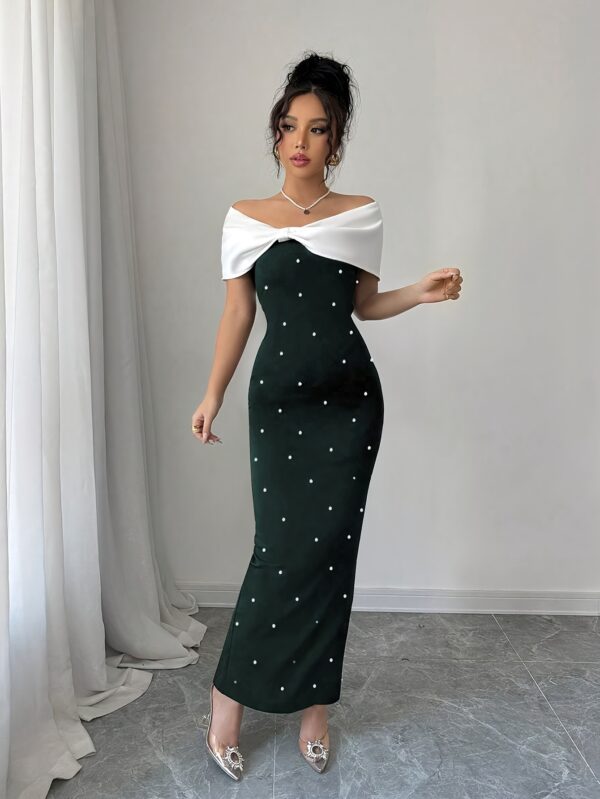 A Black Off-Shoulder Dress Adorned with Elegant Beading, Designed for Banquets And Dates, Showcasing a Slim Waist And a Goddess-Like Charm. - Image 6