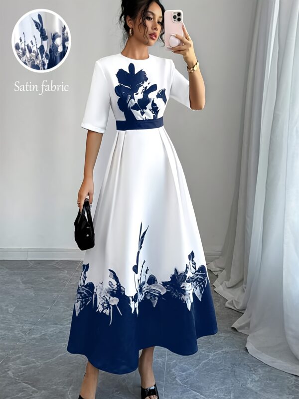 YY0402002 European and American Spring/Summer Festival Elegant Dress, Round Neck Mid-Length Belted Zipper Floral Print Dress - Image 2