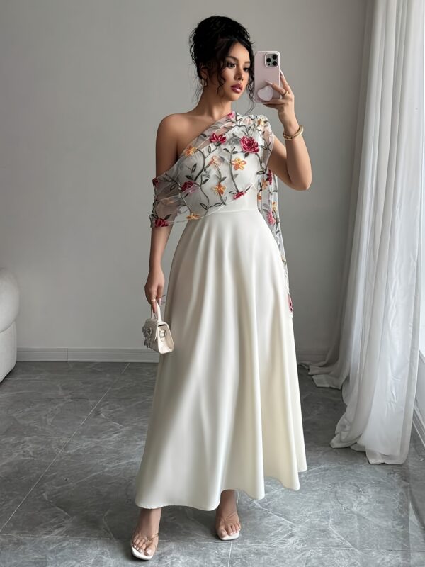 Elegant One-Shoulder Floral Embroidered Mesh Dress for Women - Lightweight Polyester, Zipper Closure, Perfect for Spring/Summer, Adult Formal Wear, Formal Spring Attire|Floral Embroidery|Zippered Dress