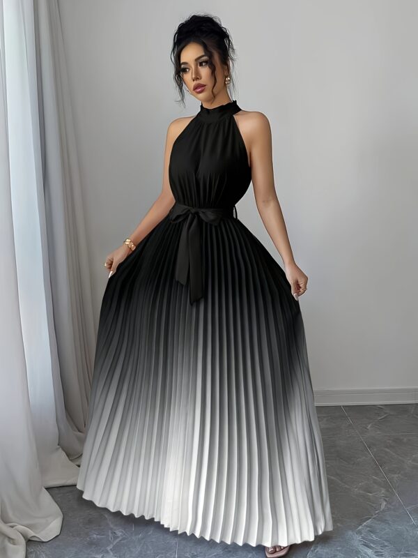 Elegant Gradient A-Line Midi Dress with Ruffle Detail, Tie Waist & Pleated Design - Sleeveless Round Neck for Women - Spring/Summer Collection, Cute Dress - Image 10