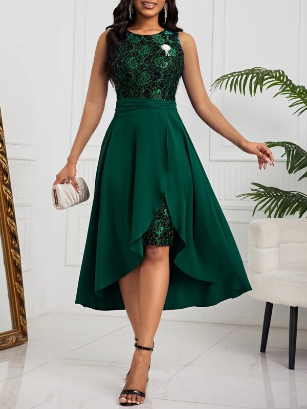 Sequined High Low Ruffle Hem Dress, Elegant Crew Neck Sleeveless Aline Dress For Spring & Summer, Women's Clothing